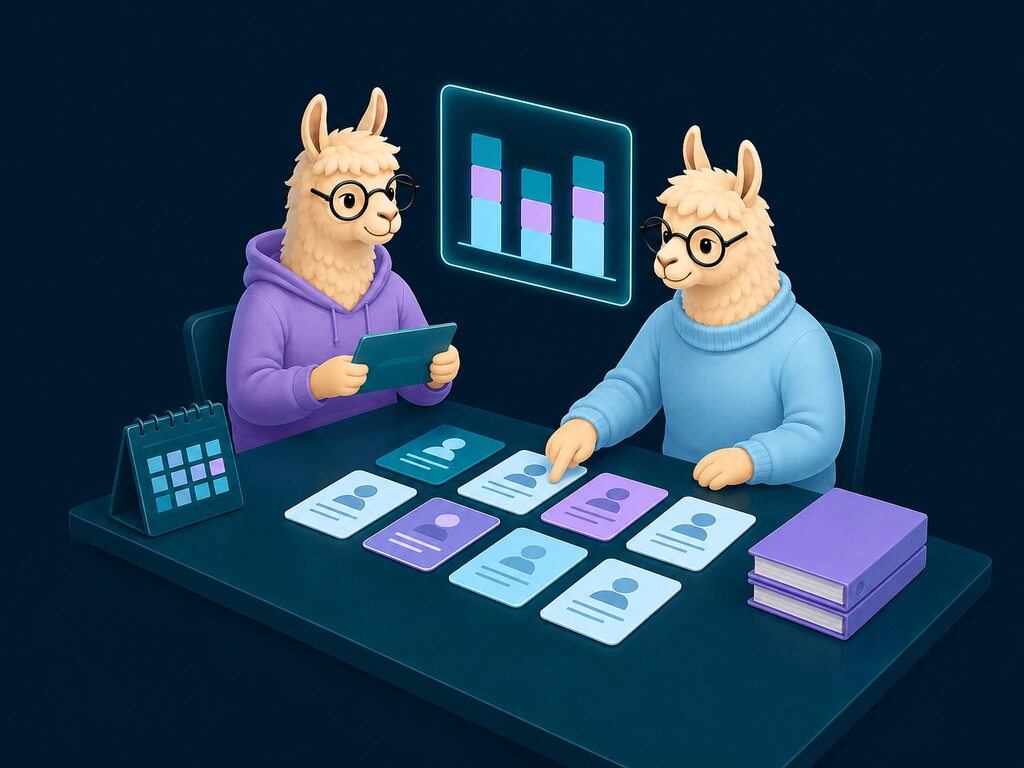 Illustration: lama-HR med lønkørsel og medarbejderdata