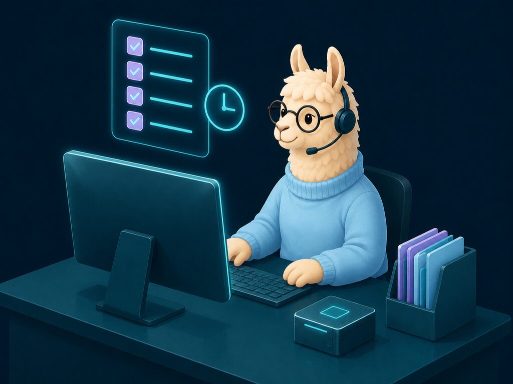 Illustration: lama med headset følger en supportsag